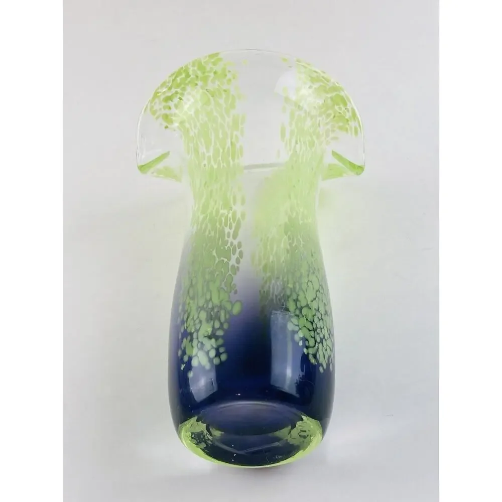 Art Glass Blown Vase 8” Blue Lime Green Splatter Speckle Stripe Wide Mouth Flare